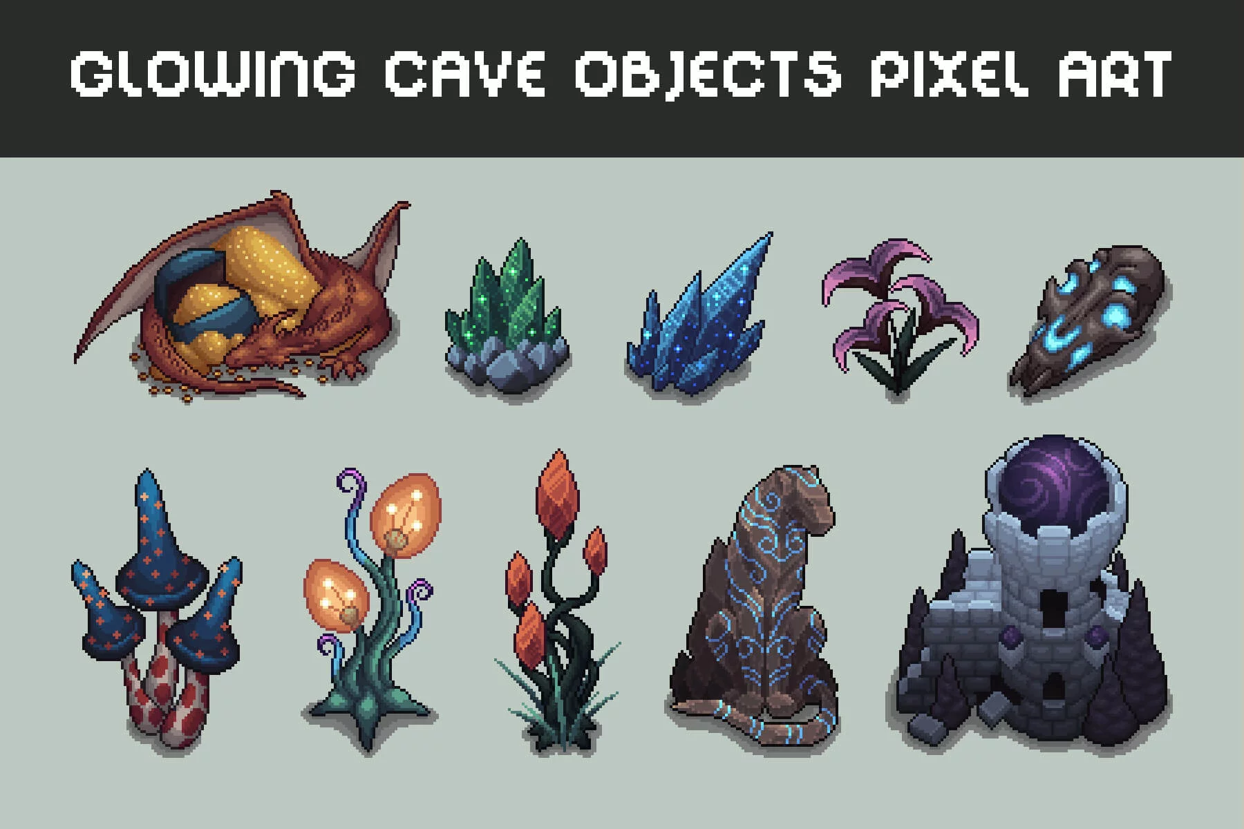 Glowing Cave Objects Pixel Art Asset Pack