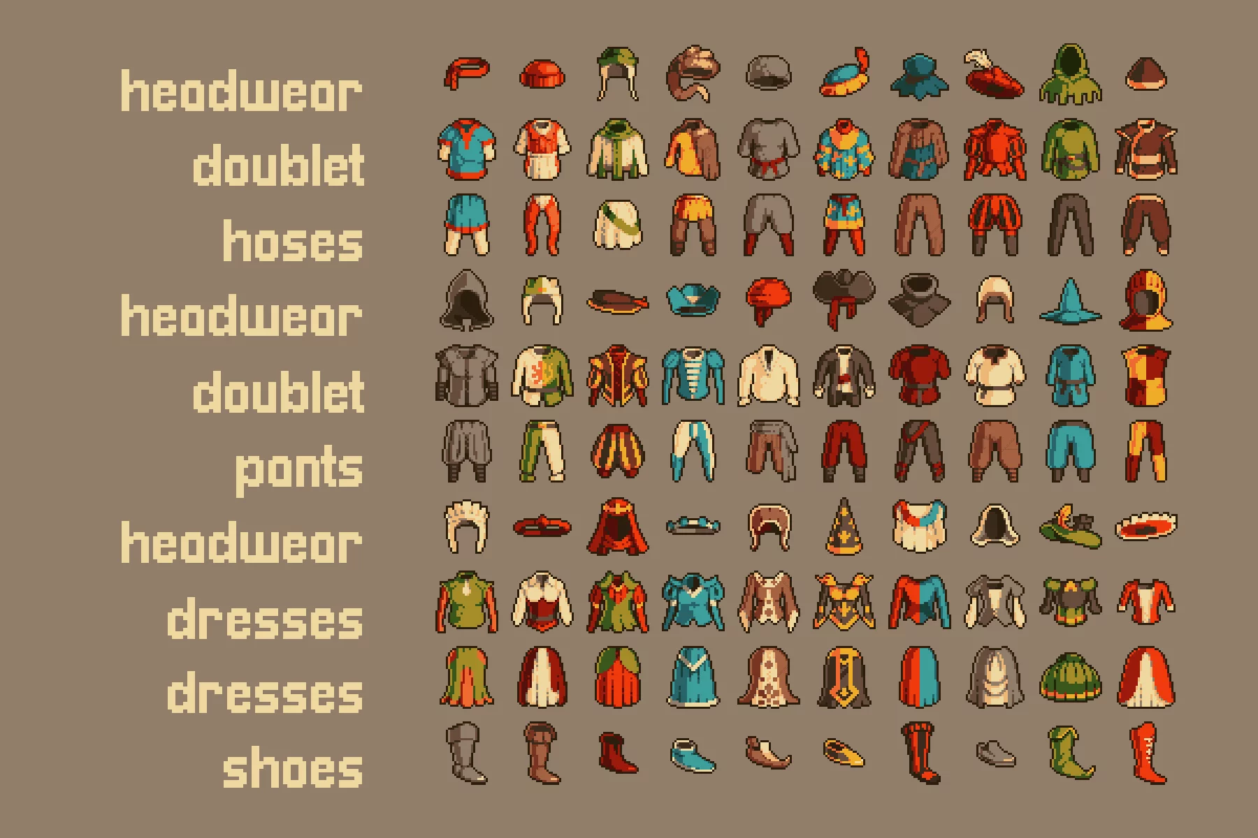Medieval Clothing Icons Pixel Art