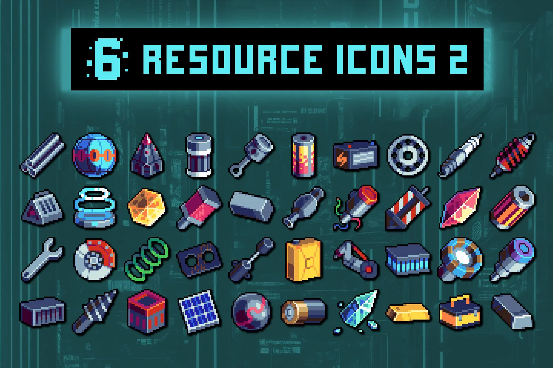 Resources for Cyberpunk Topic Pixel Art 32×32 Icon Pack