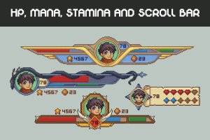 HP、Mana、Stamina与Scroll Bar像素RPG素材包 适用于2D游戏HUD系统