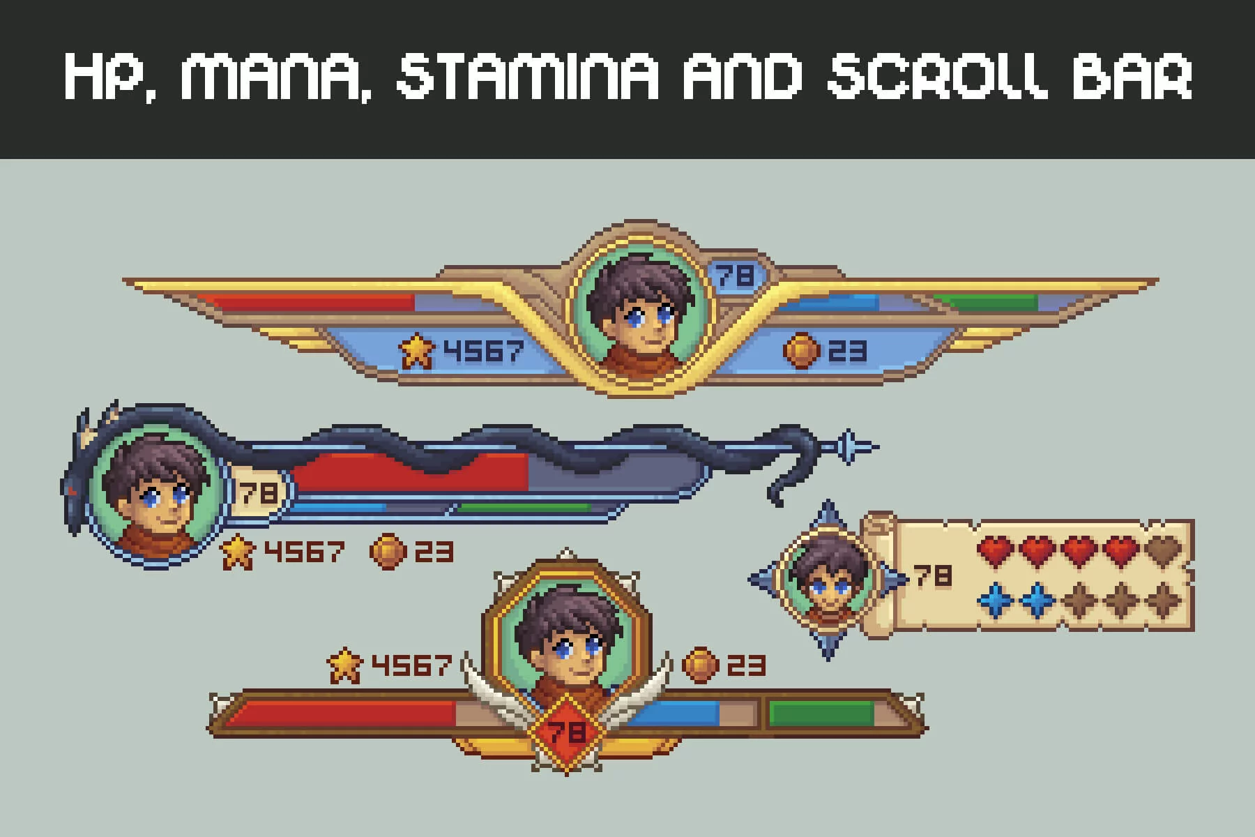 HP, Mana, Stamina, and Scroll Bar Pixel RPG Asset Pack