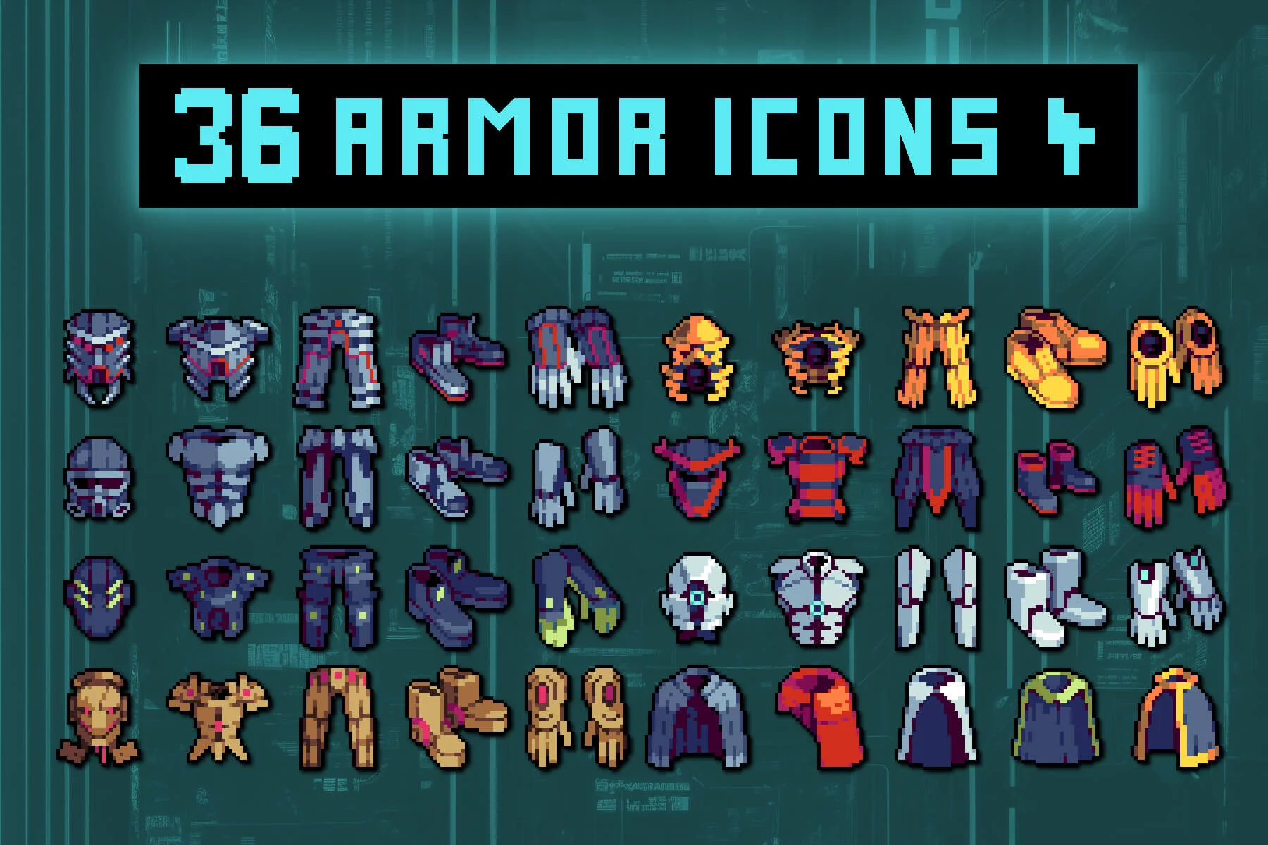 Pixel Armor 32×32 Icons for Cyberpunk Game
