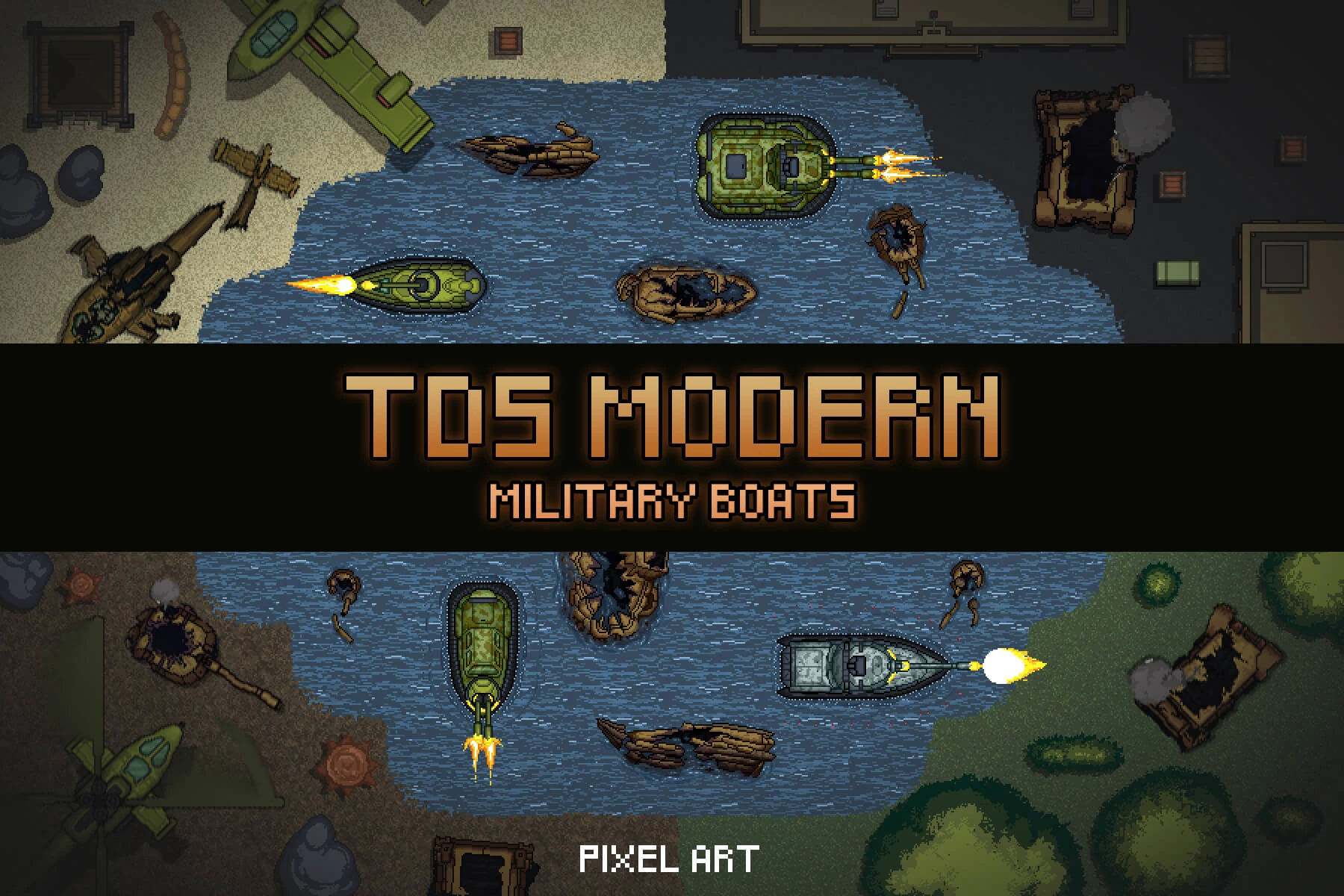 Top Down Military Boats Pixel Art