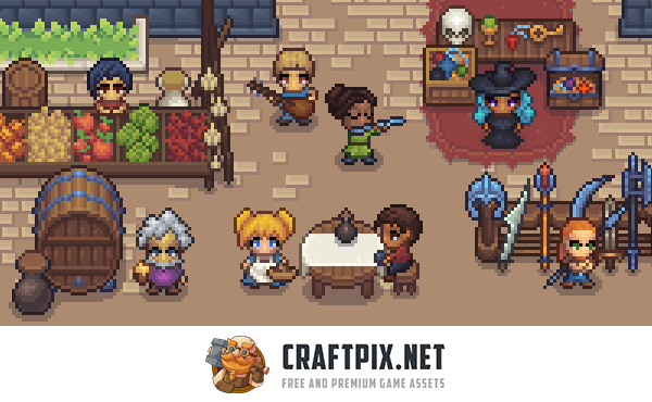 Pixel Art Market Square RPG Shop and NPC Assets Pack