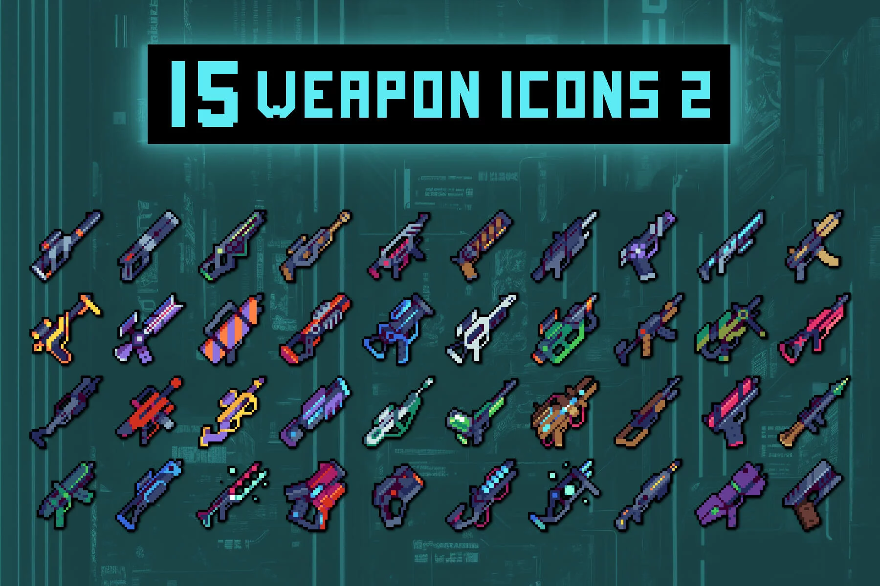 Cyberpunk Firearm Pixel Art 32×32 Icons