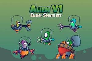 外星V1敌人精灵图集：5个角色与5种动作的矢量素材