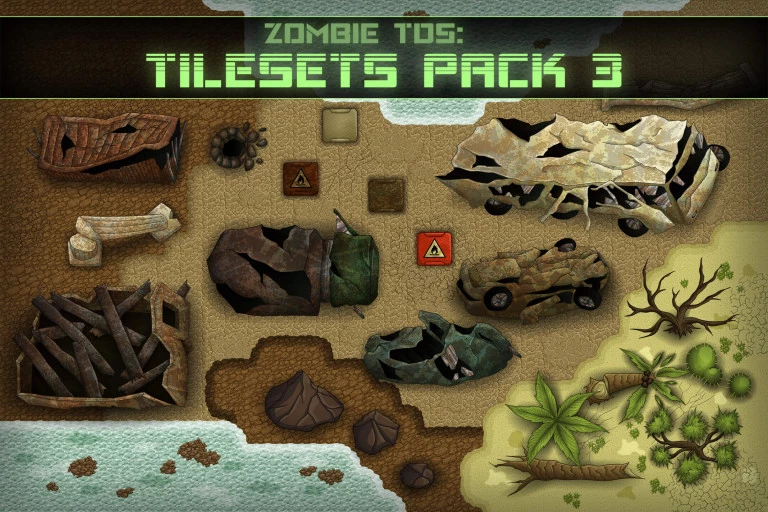 TDS Desert Tileset: sand, stones, plants, water, destroyed cars
