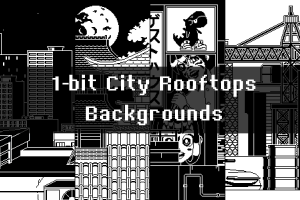 1-Bit城市屋顶游戏背景：4款黑白像素风都市场景