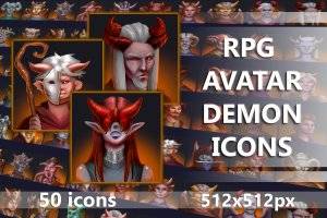 RPG恶魔头像素材包：50个幻想生物角色图标