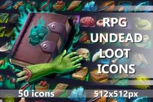 RPG亡灵战利品图标包：50个2D素材，PSD/PNG格式