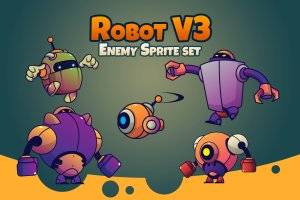 Robot V3 敌人角色精灵素材：5种矢量动画敌人