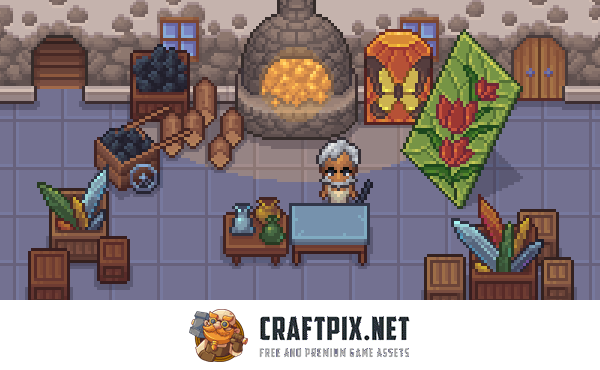Glassblower’s Workshop Top-Down Pixel Art Asset