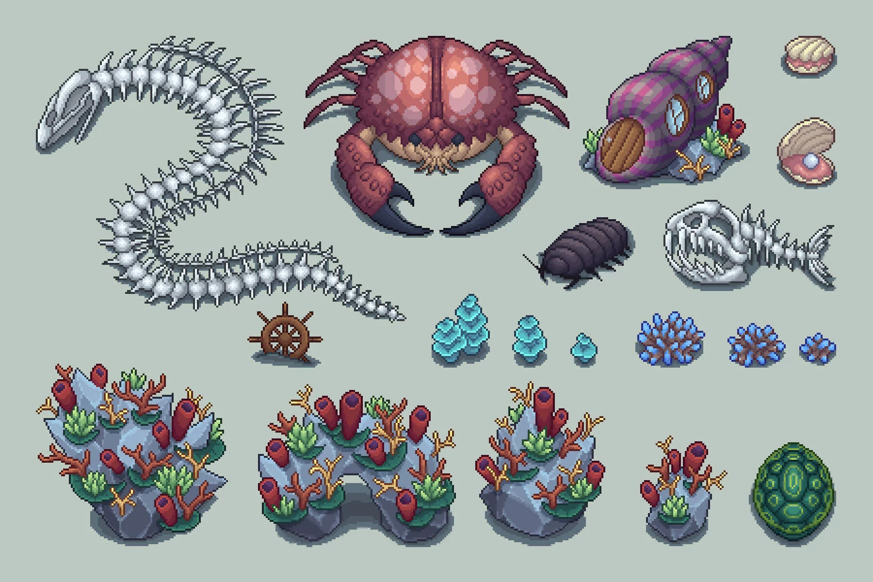 Top-Down Seabed Objects Pixel Art
