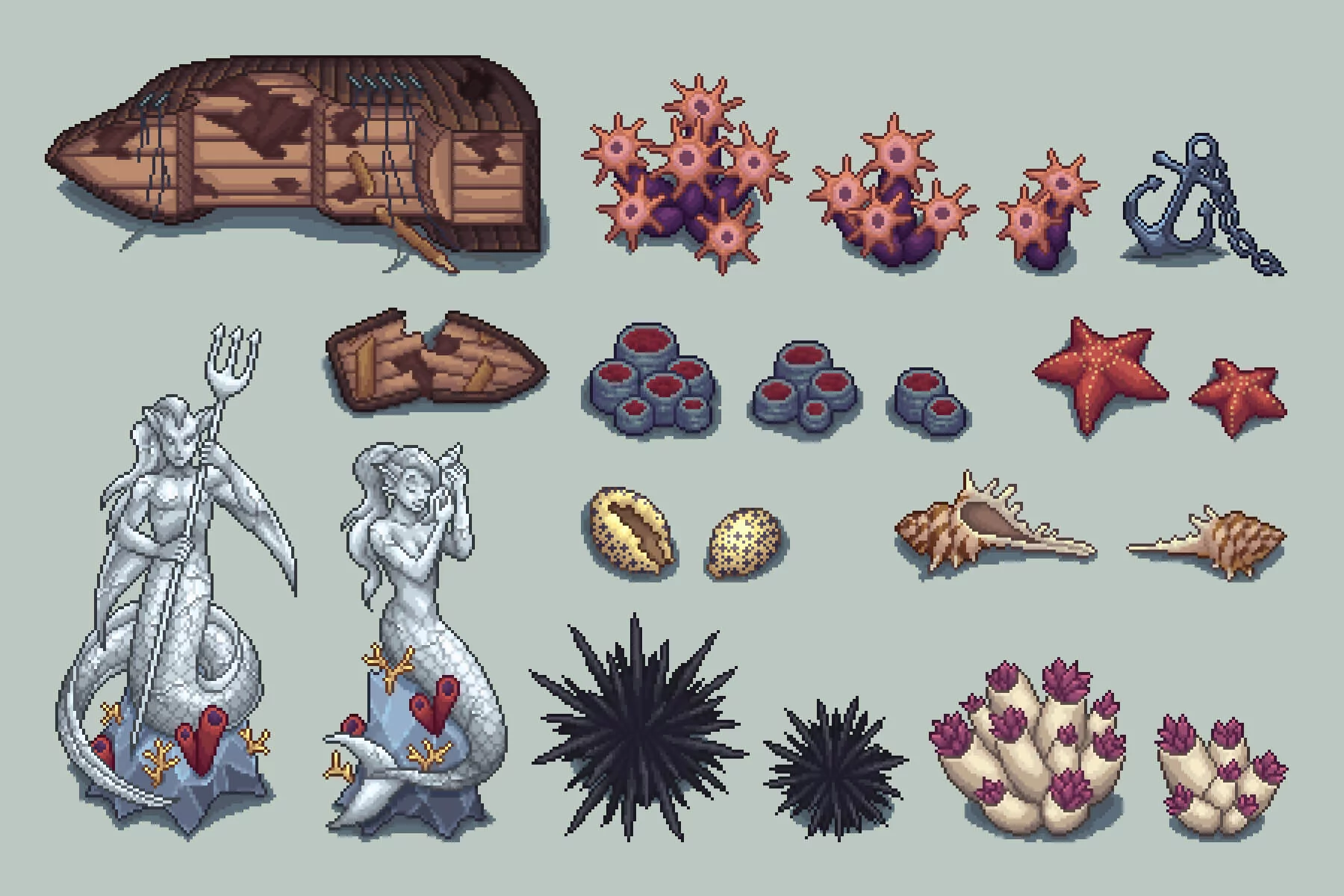 Top-Down Seabed Objects Pixel Art