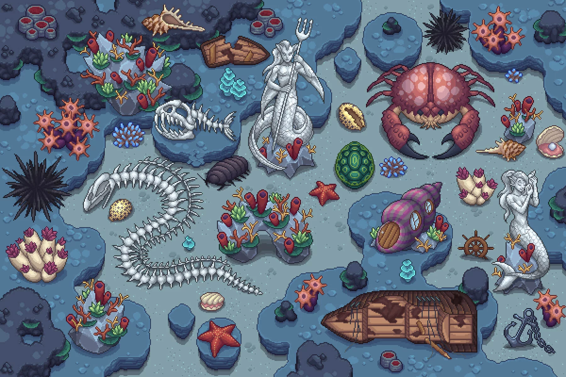 Top-Down Seabed Objects Pixel Art
