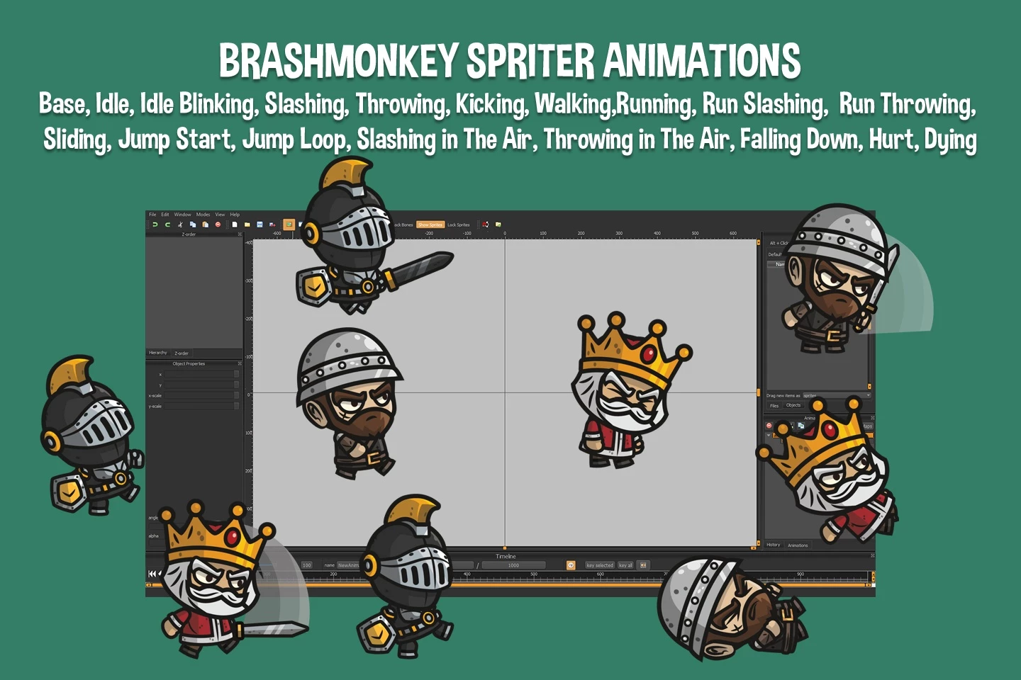 Medieval King, Defender and Sergeant Chibi 2D Game Sprites