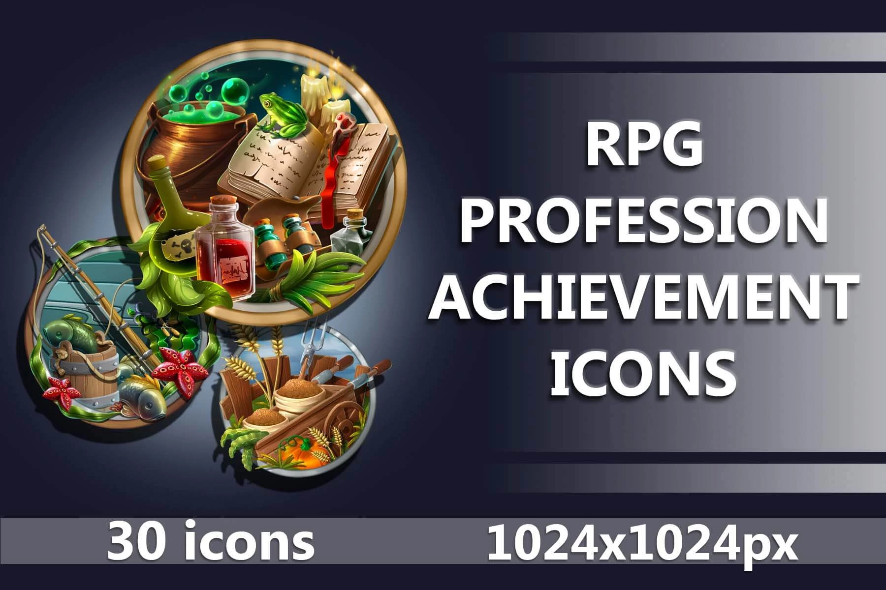 Fishing, Farming and Potion Maker Achievement RPG Icons