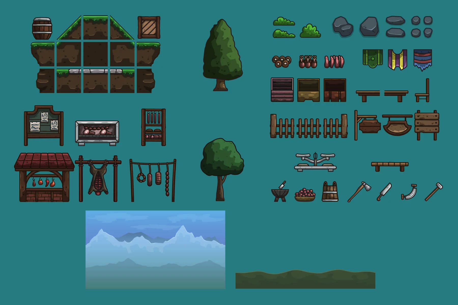 Cartoon Medieval Butcher Stall 2D Tileset