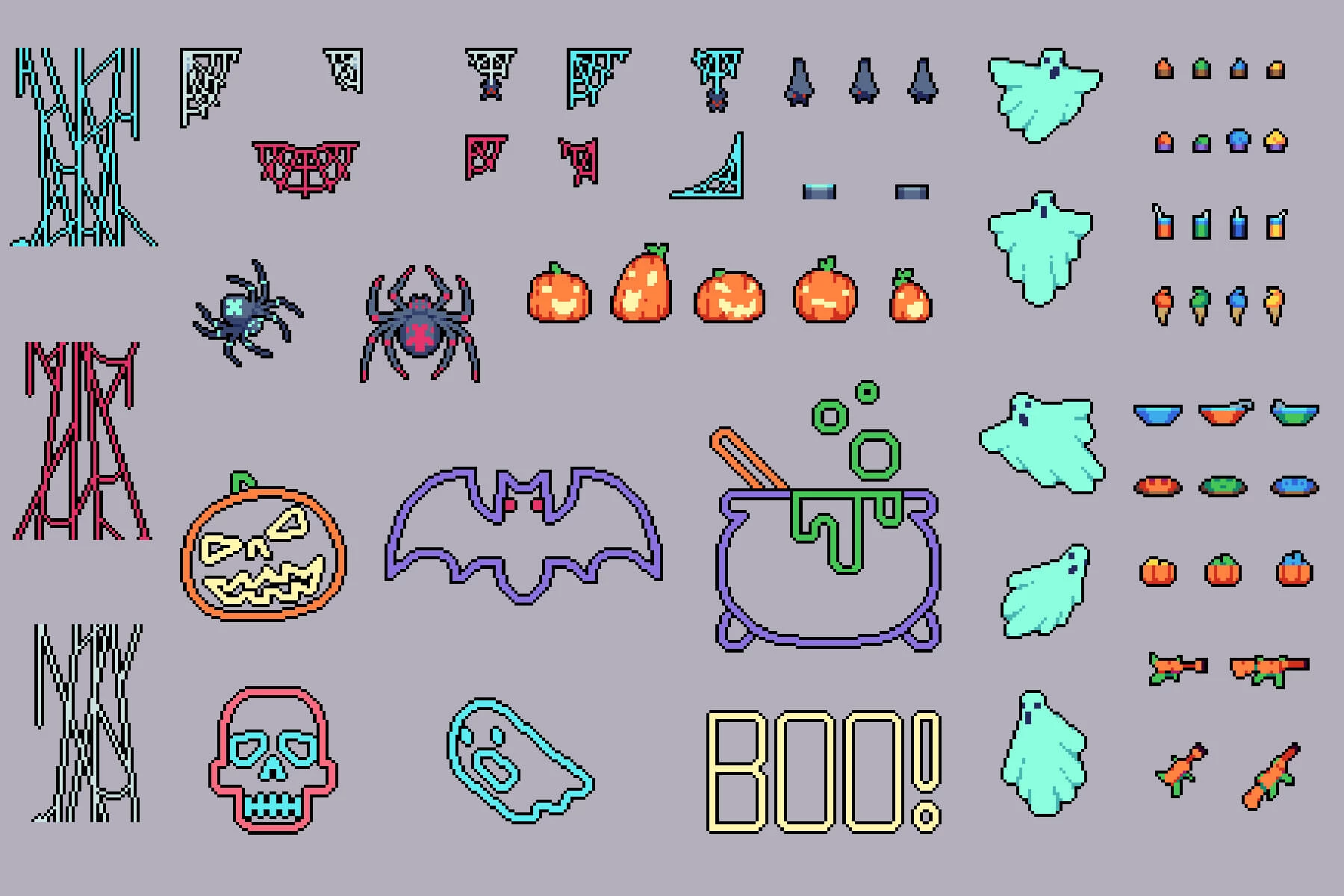 Halloween Decorations, Characters and Items Pixel Art
