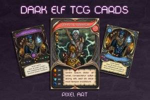 奇幻TCG卡牌像素艺术模板：3版本多色卡牌与角色背景