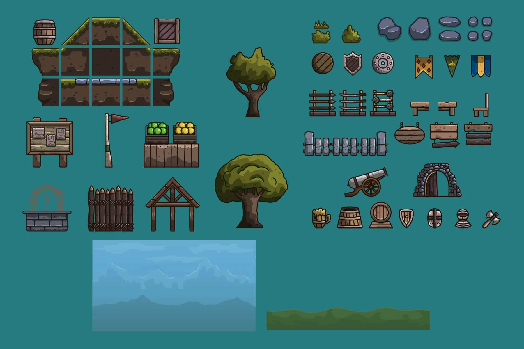 Cartoon Medieval Guard Post Vector Game Tileset