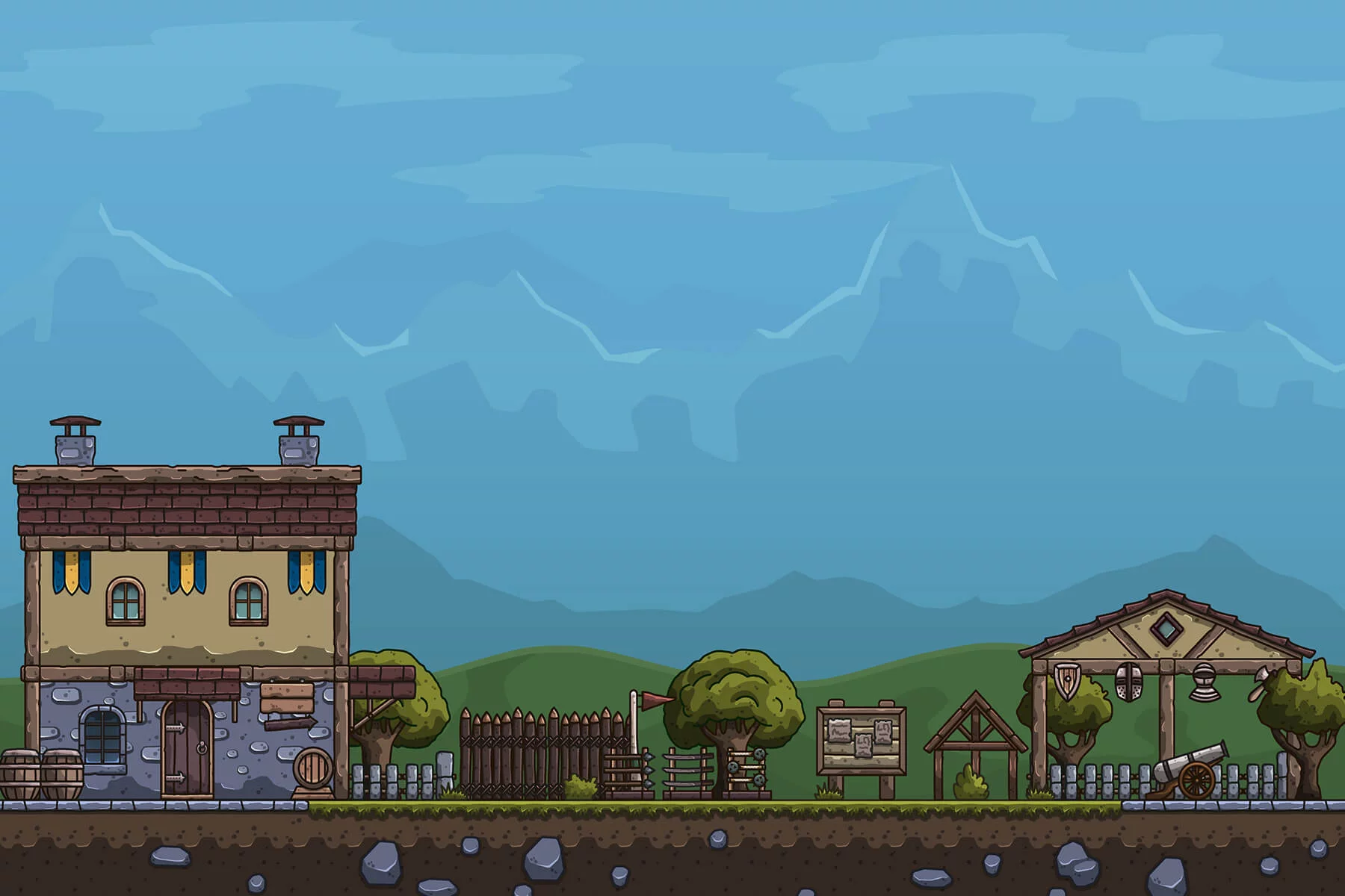 Cartoon Medieval Guard Post Vector Game Tileset
