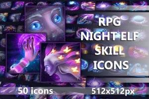 RPG夜精灵技能图标集：暗夜魔法与精灵技艺