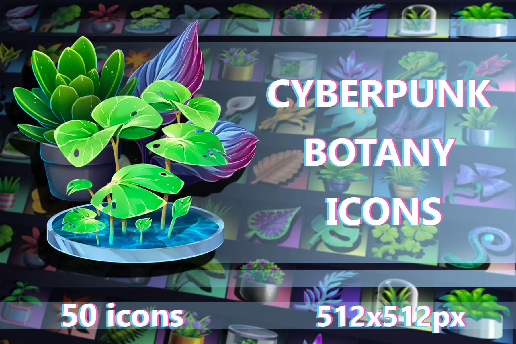 50 Futuristic Plant Icons for Cyberpunk Game