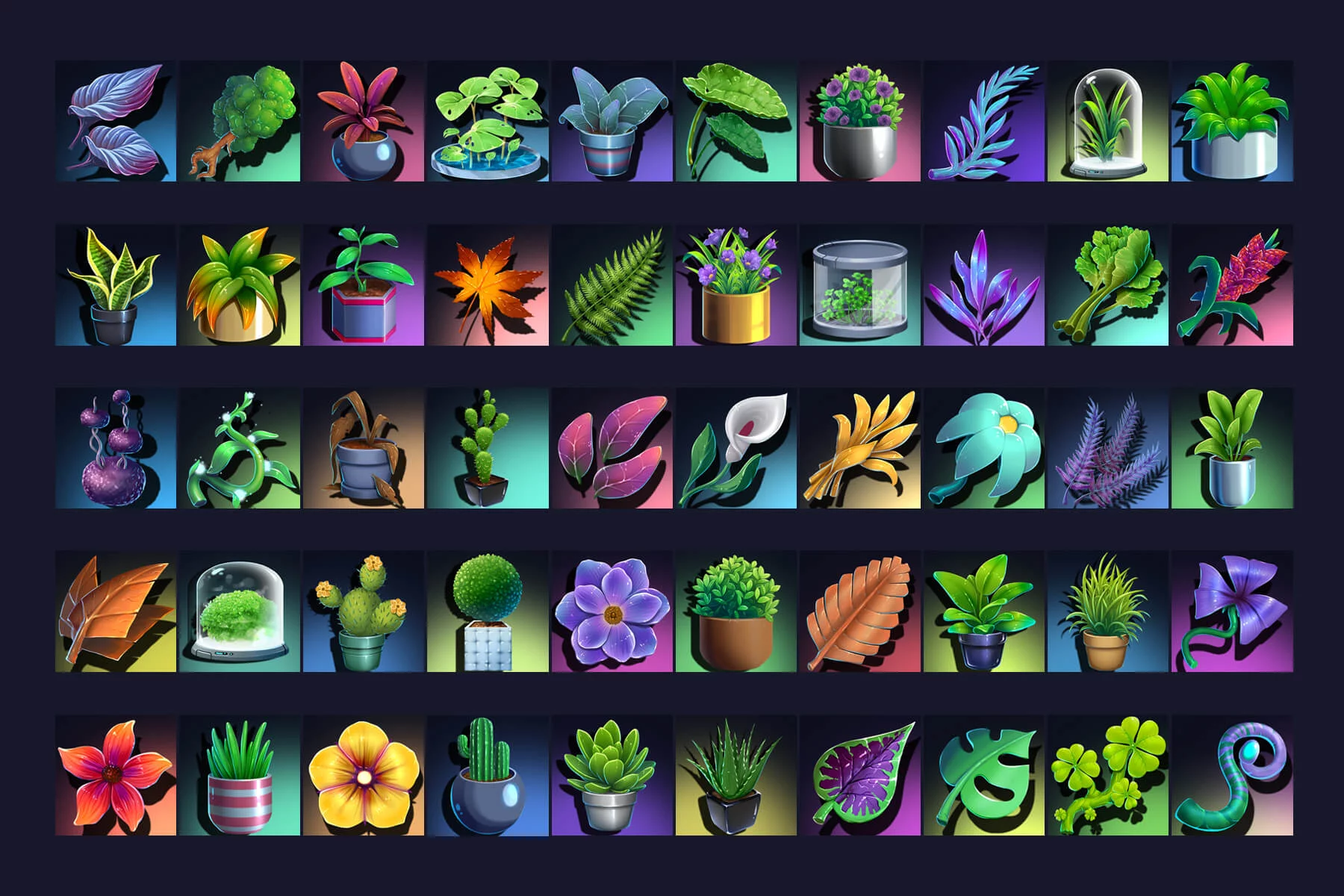 50 Futuristic Plant Icons for Cyberpunk Game