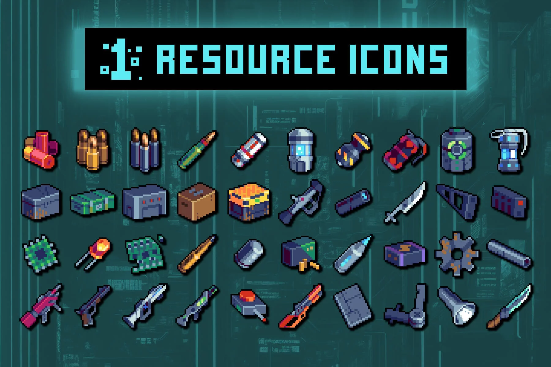 Cyberpunk Weapons and Ammo Pixel Art 32×32 Icon Pack