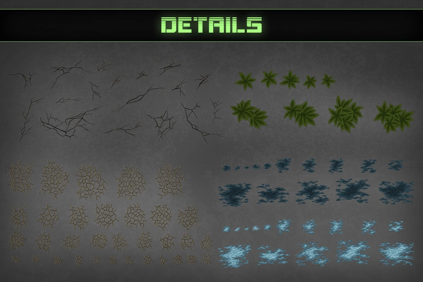 Zombie TDS Tilesets: soil, stones, plants, water, destroyed cars