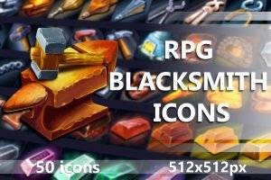 RPG铁匠铺游戏图标素材：金属、锤子、铁砧等道具图标集