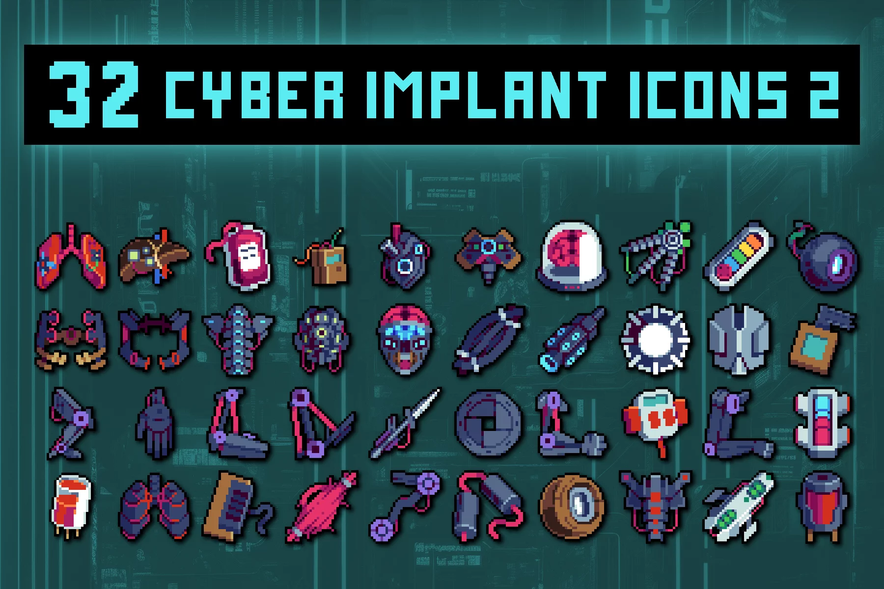 Implants for Cyberpunk 32×32 Pixel Icons