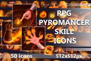 RPG火法师技能图标集：50种火焰魔法与战斗技能