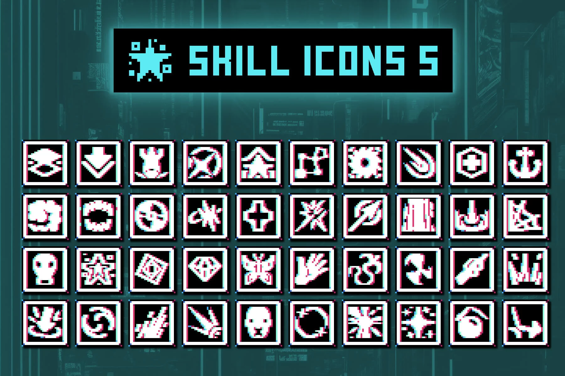 40 Skill Icons for Cyberpunk Pixel Game