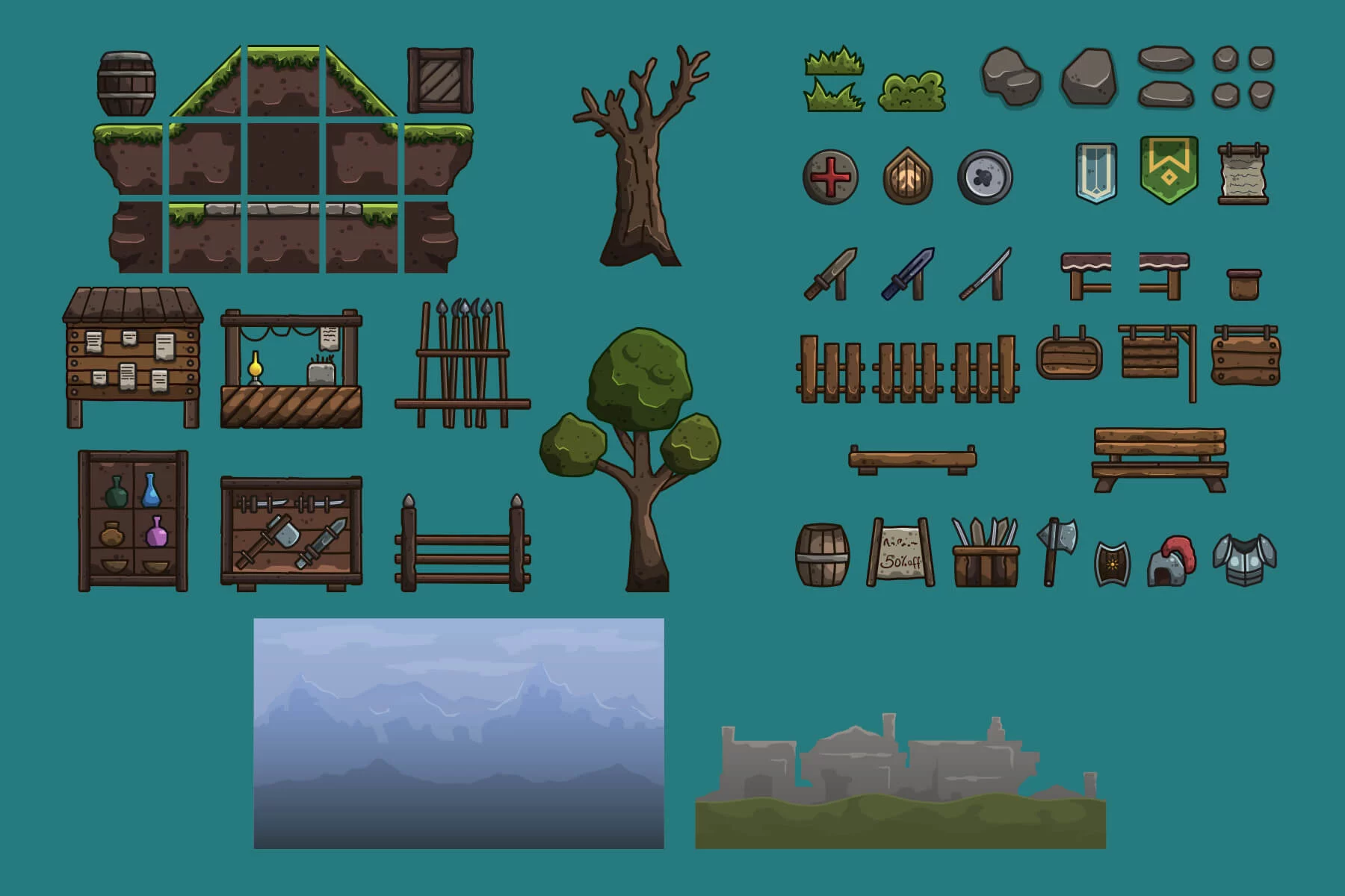 Medieval Armory Street Cartoon 2D Tileset