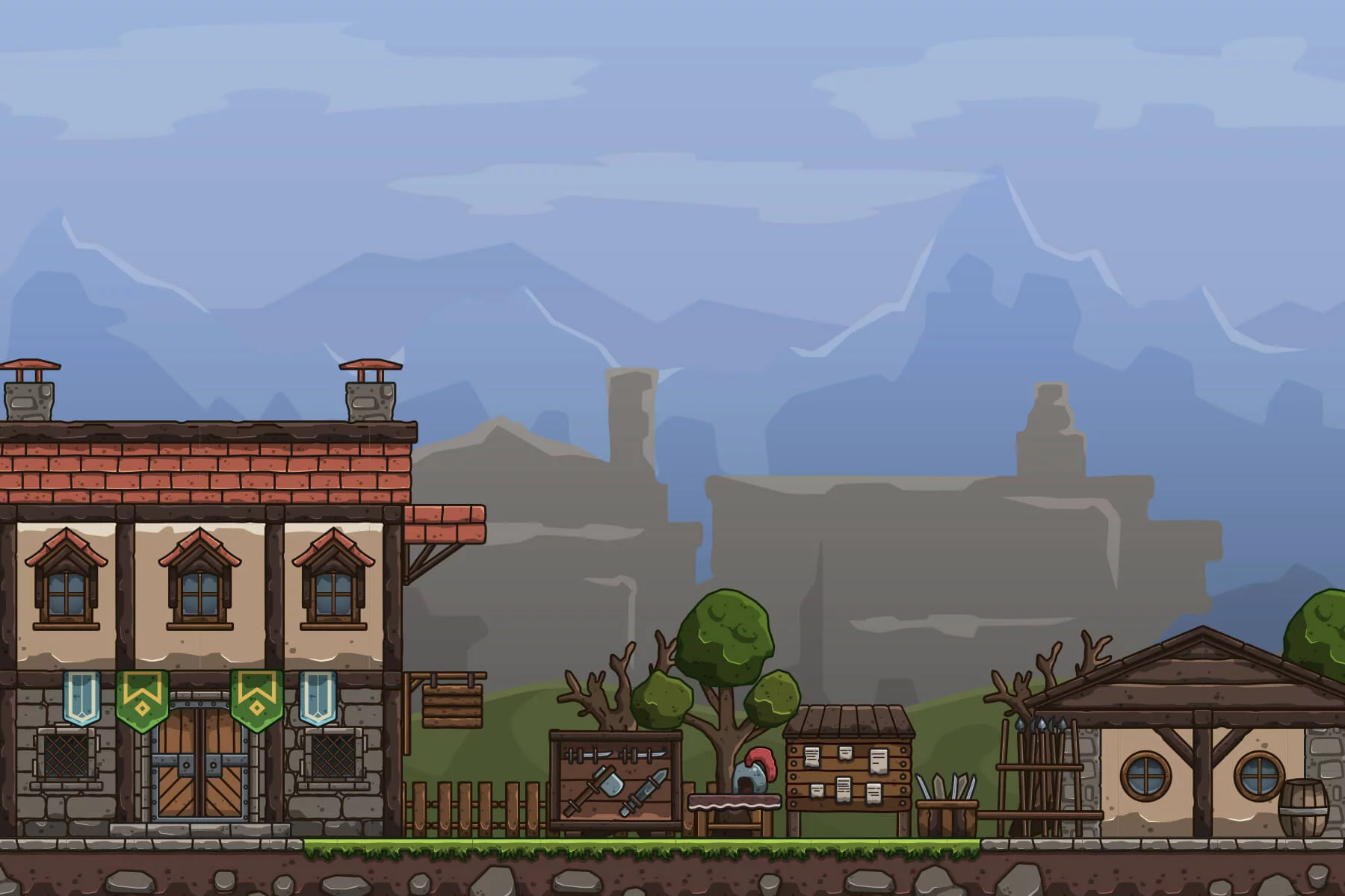 Medieval Armory Street Cartoon 2D Tileset