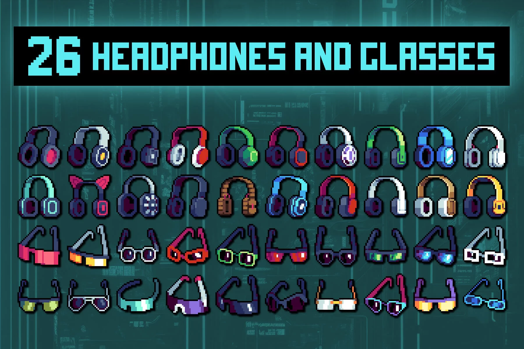 Headphones and Glasses Pixel Icon Set