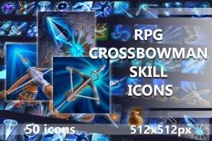 RPG弩手技能图标集：50枚高清2D游戏素材