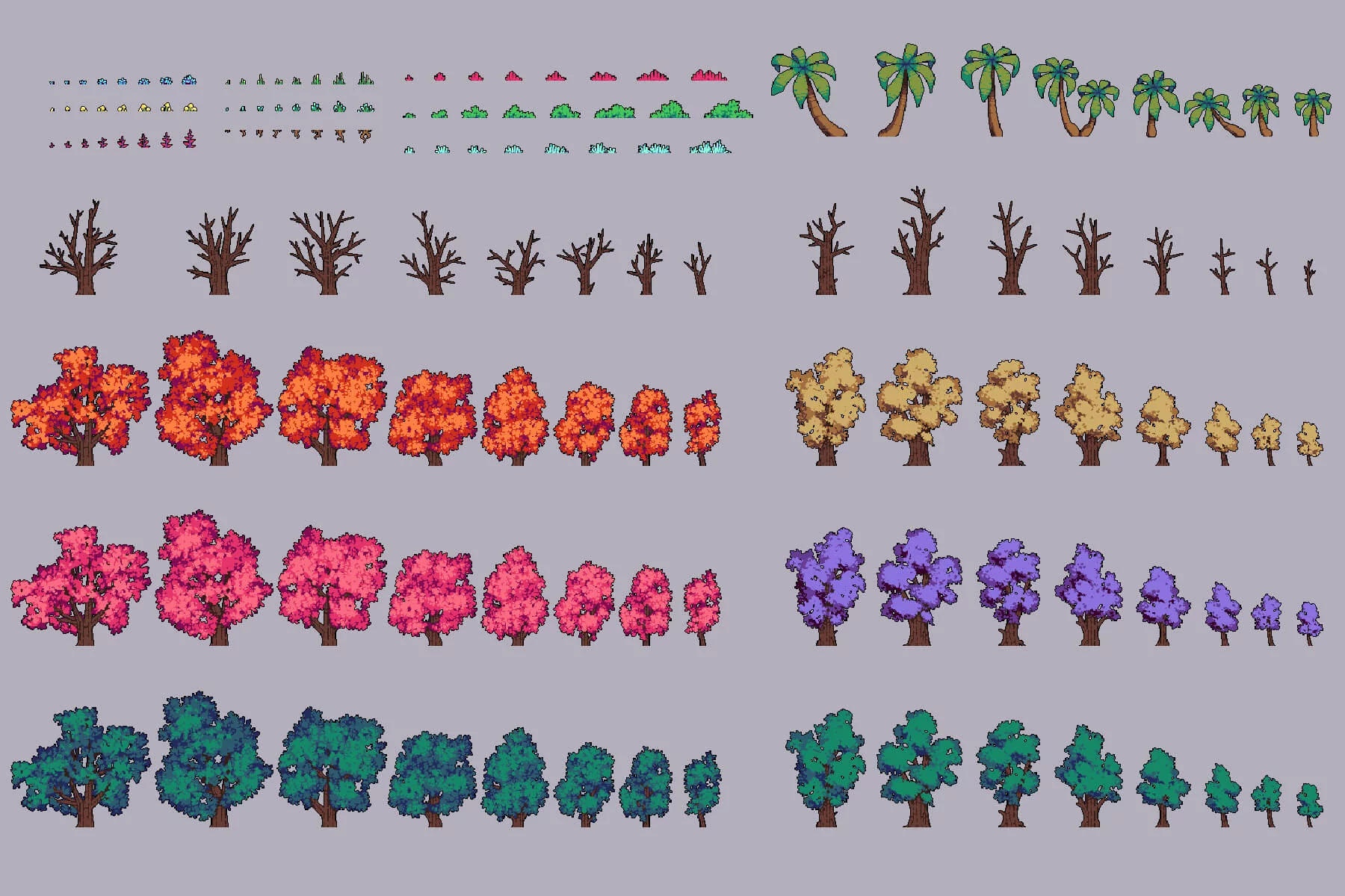 Trees and Bushes Pixel Art for Platformer