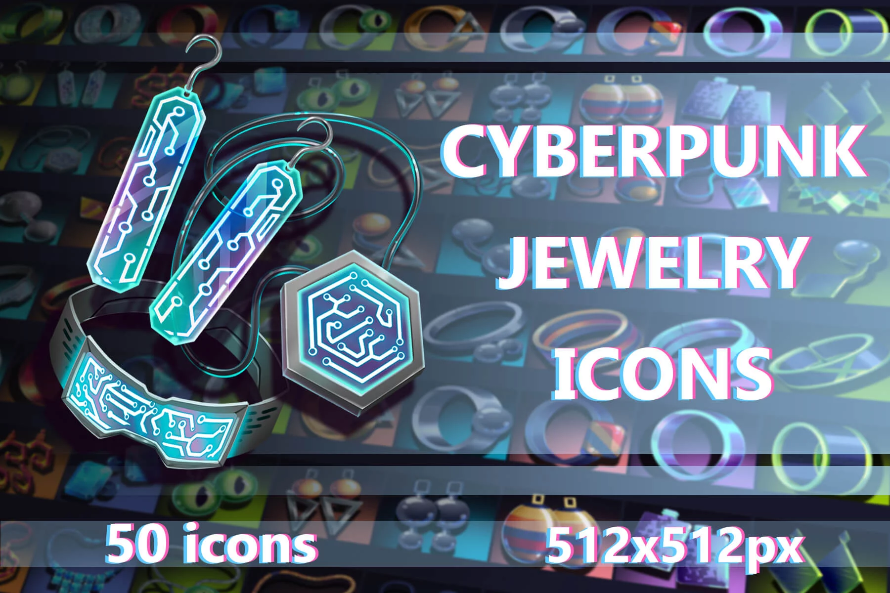 Futuristic Cyberpunk Jewelry Icons Pack 512×512
