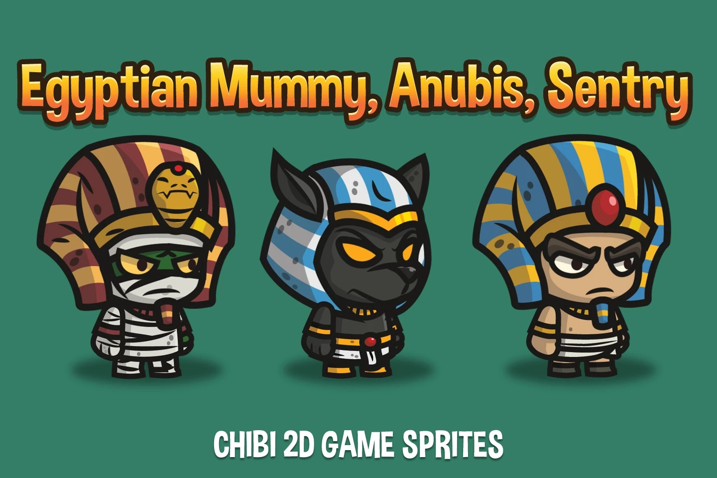 Egyptian Mummy, Anubis, Sentry Chibi 2D Game Sprites