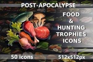 后启示录食物与狩猎战利品图标集 – 生存游戏UI素材