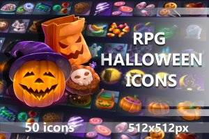 万圣节RPG图标素材：南瓜糖果与幽灵