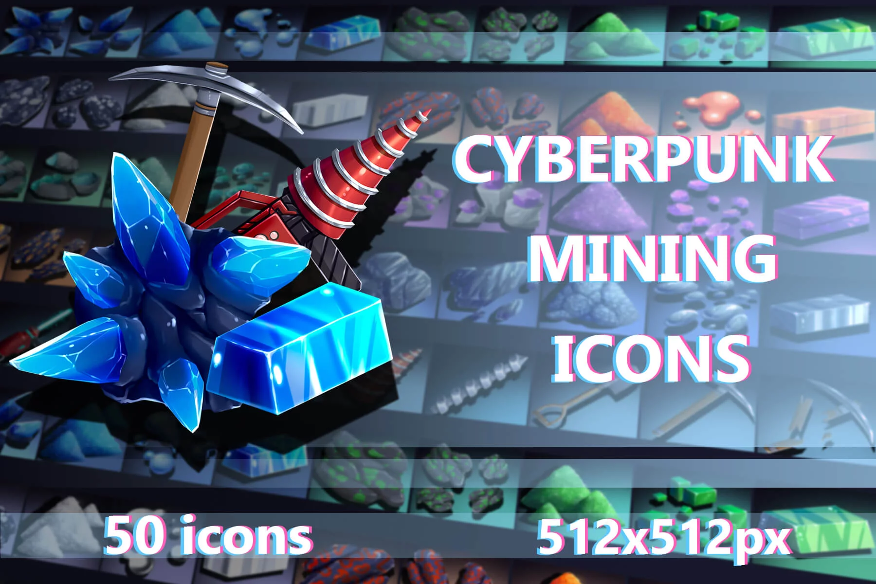 Minerals, Metals and Mining Tools Cyberpunk Icon Pack