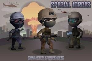 2D游戏特种部队角色精灵表：三名士兵多种武器服装