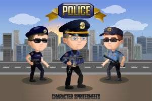 2D游戏警察角色精灵图集：三种角色九种动画