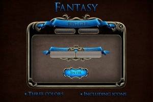 奇幻RPG游戏界面素材：三色主题PSD分层文件与图标集