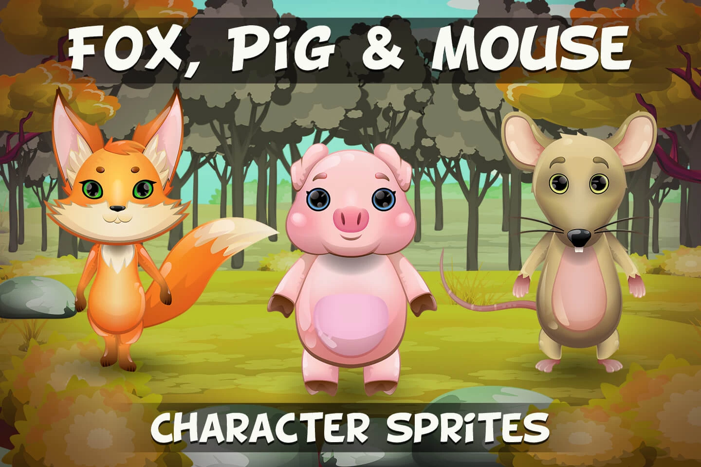 Fox, Pig and Mouse 2D Game Sprites