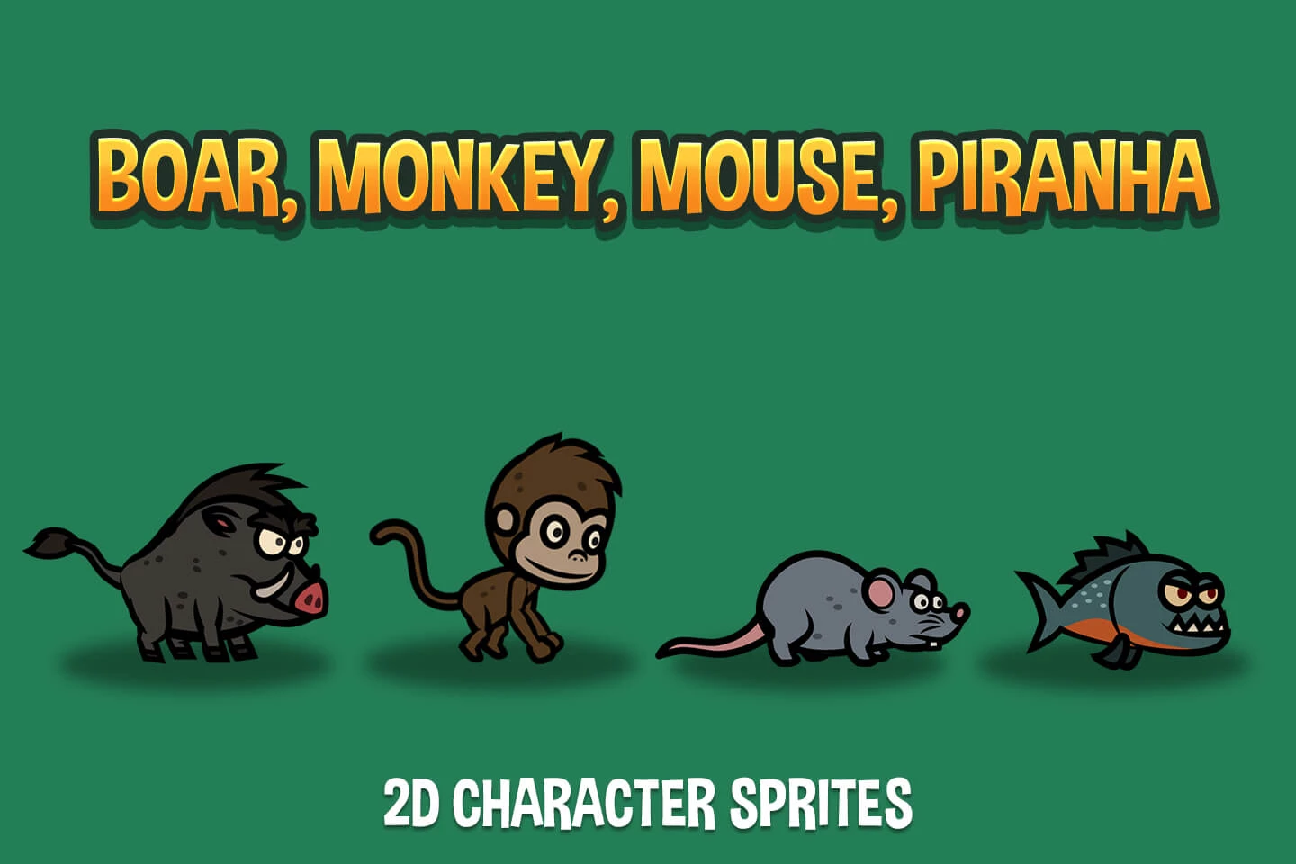 Boar, Monkey, Mouse, Piranha 2D Game Sprites